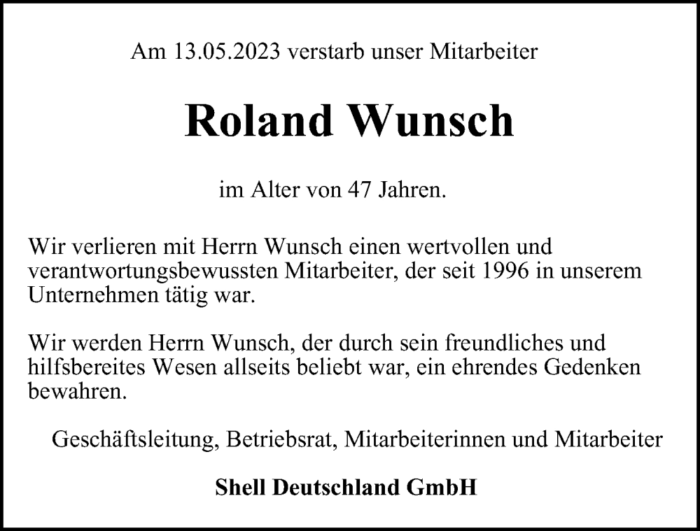  Traueranzeige für Roland Wunsch vom 20.05.2023 aus Hamburger Abendblatt