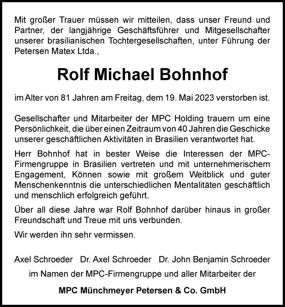  Traueranzeige für Rolf Michael Bohnhof vom 27.05.2023 aus Hamburger Abendblatt