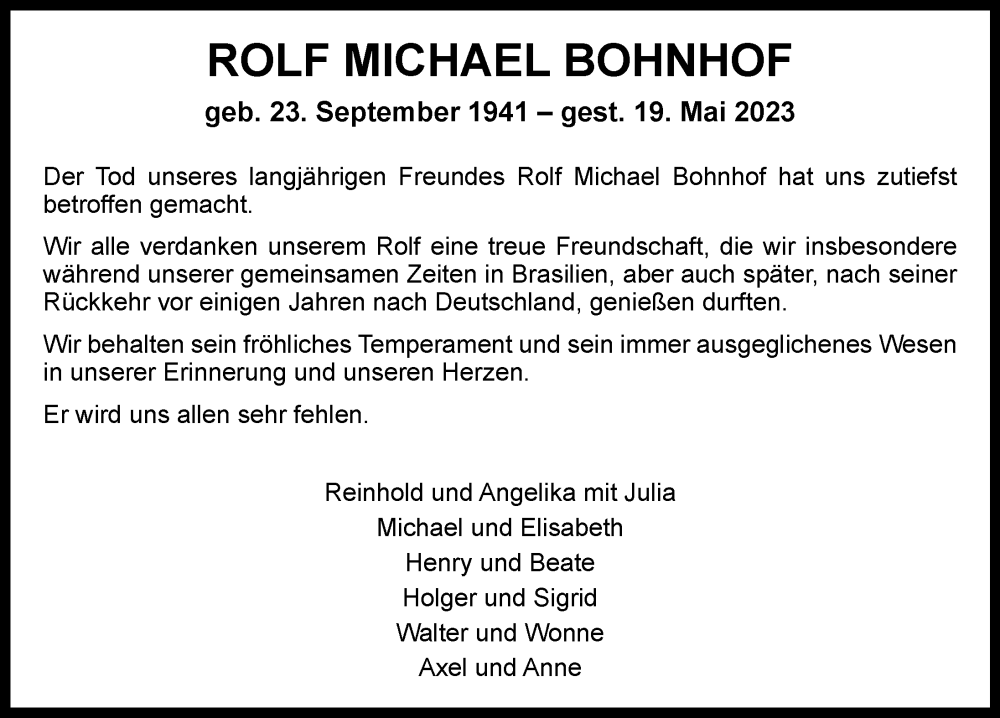  Traueranzeige für Rolf Michael Bohnhof vom 27.05.2023 aus Hamburger Abendblatt