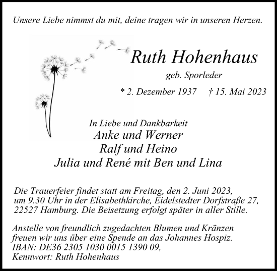 Traueranzeige von Ruth Hohenhaus 