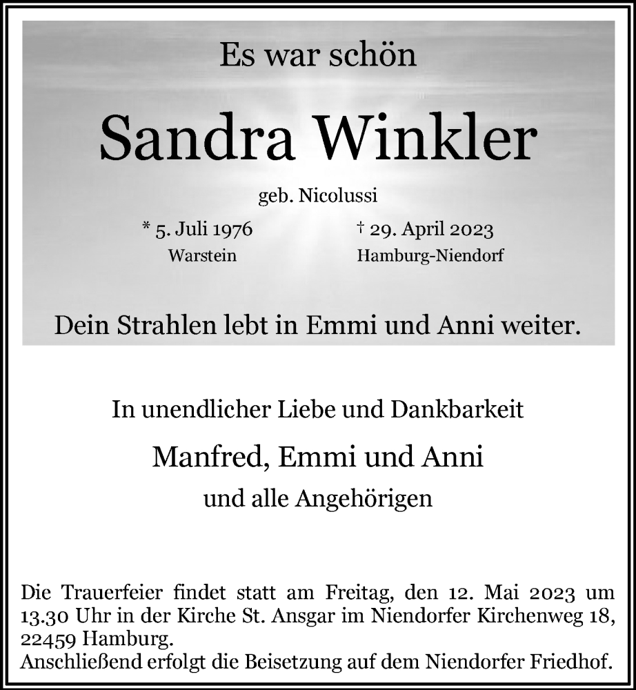  Traueranzeige für Sandra Winkler vom 06.05.2023 aus Hamburger Abendblatt