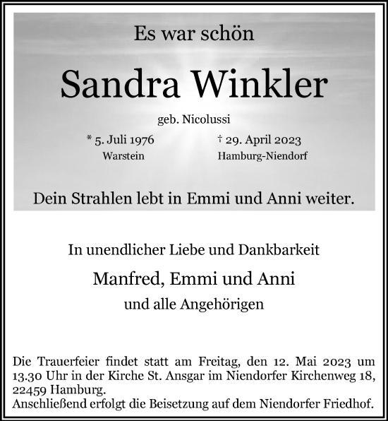 Traueranzeige von Sandra Winkler von Hamburger Abendblatt