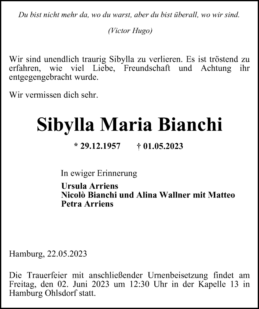  Traueranzeige für Sibylla Maria Bianchi vom 23.05.2023 aus Hamburger Abendblatt