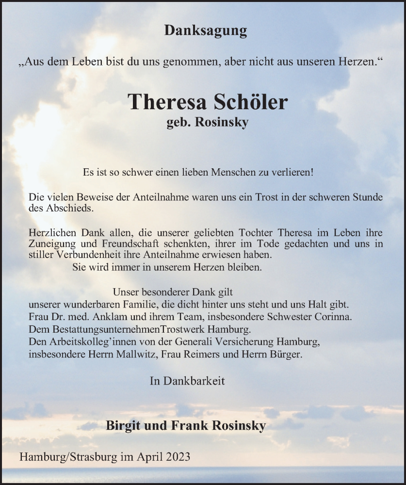  Traueranzeige für Theresa Schöler vom 06.05.2023 aus Hamburger Abendblatt