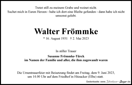 Traueranzeige von Walter Frömmke von Hamburger Abendblatt