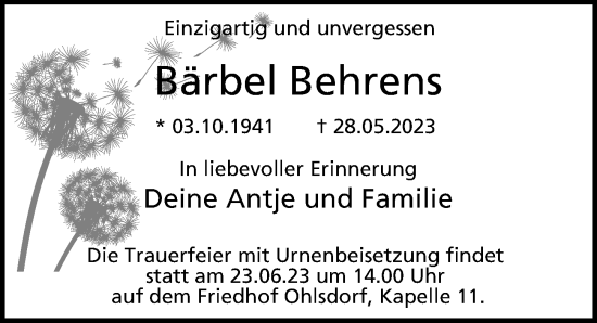 Traueranzeige von Bärbel Behrens von Hamburger Abendblatt