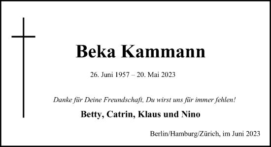 Traueranzeige von Beka Kammann von Hamburger Abendblatt