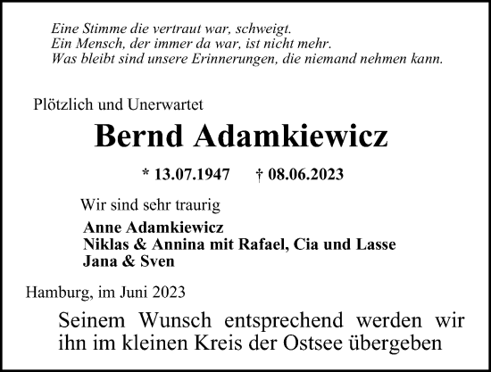 Traueranzeige von Bernd Adamkiewicz von Hamburger Abendblatt