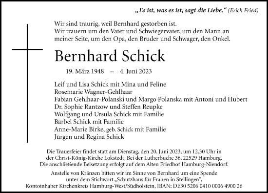 Traueranzeige von Bernhard Schick von Hamburger Abendblatt