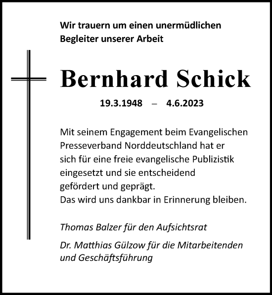 Traueranzeige von Bernhard Schick von Hamburger Abendblatt