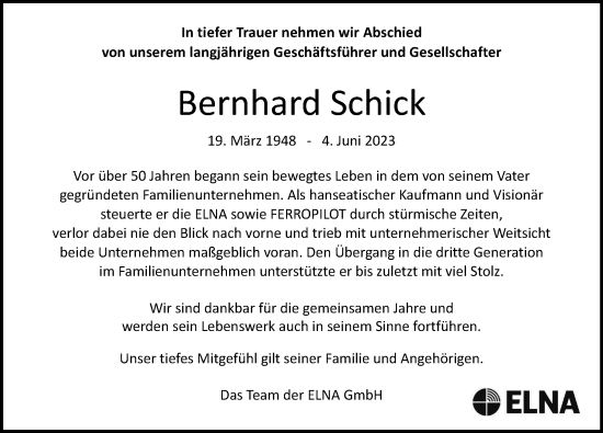 Traueranzeige von Bernhard Schick von Hamburger Abendblatt