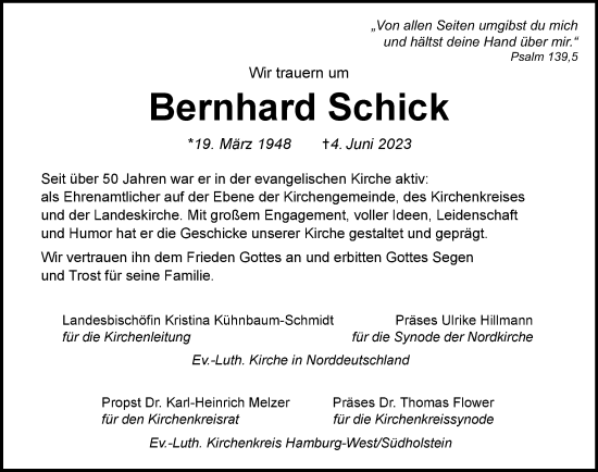 Traueranzeige von Bernhard Schick von Hamburger Abendblatt