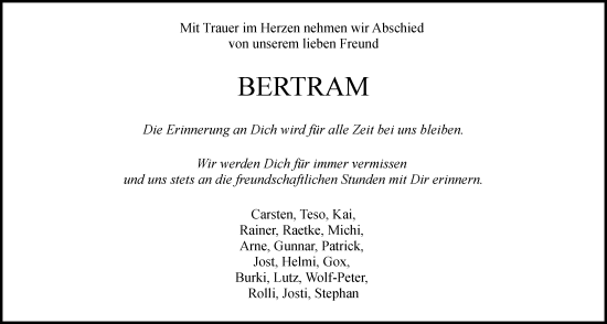 Traueranzeige von Bertram  von Hamburger Abendblatt