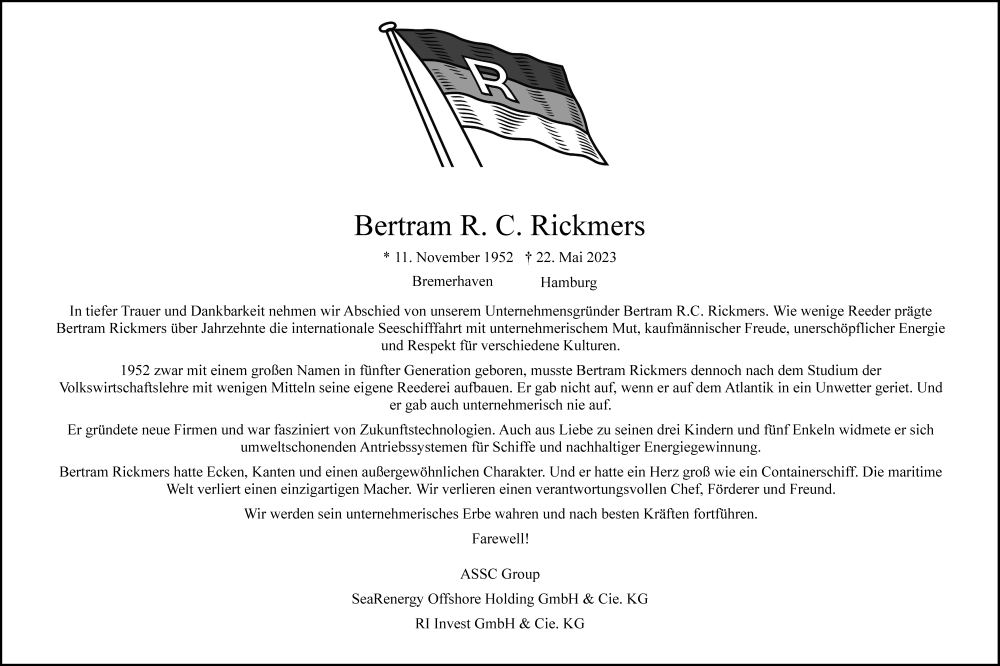  Traueranzeige für Bertram R. C. Rickmers vom 03.06.2023 aus Hamburger Abendblatt
