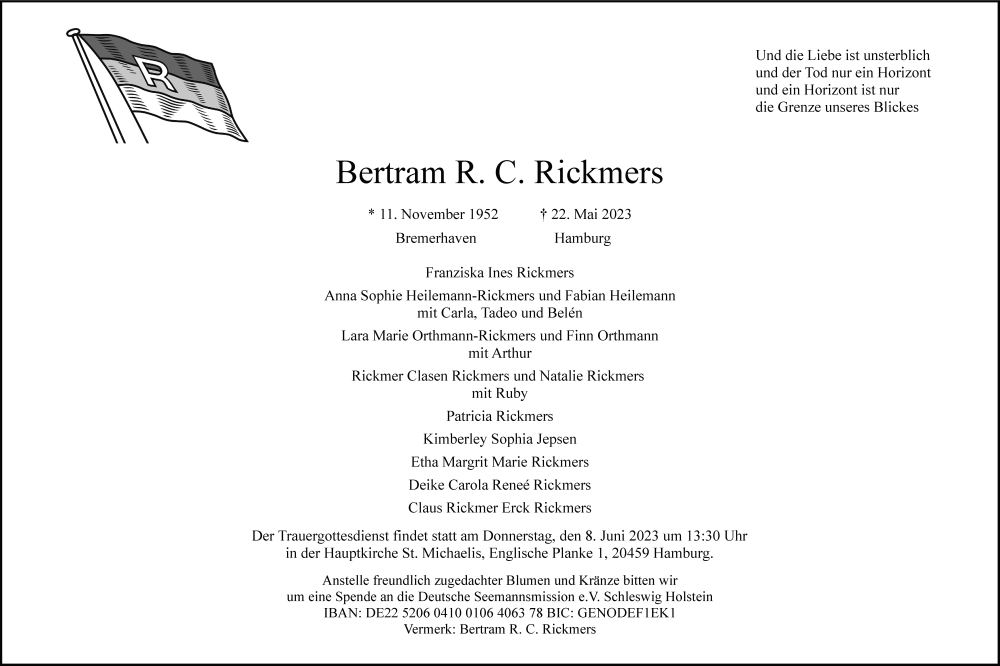  Traueranzeige für Bertram R. C. Rickmers vom 03.06.2023 aus Hamburger Abendblatt