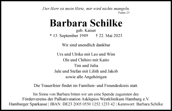 Traueranzeige von Barbara Schilke von Hamburger Abendblatt