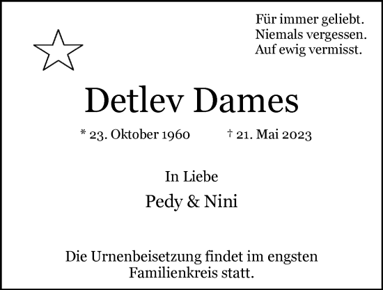 Traueranzeige von Detlev Dames 