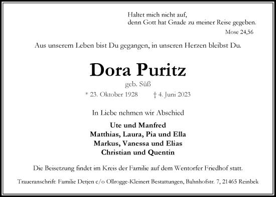 Traueranzeige von Dora Puritz von Bergedorfer Zeitung