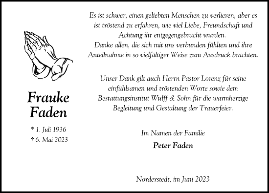 Traueranzeige von Frauke Faden von HA Regio Norderstedt