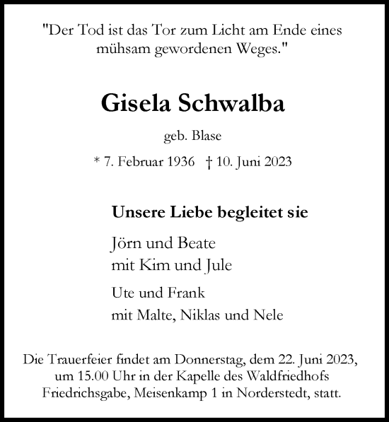 Traueranzeige von Gisela Schwalba von HA Regio Norderstedt