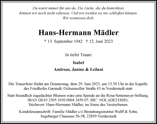 Traueranzeige von Hans-Hermann Mädler von HA Regio Norderstedt