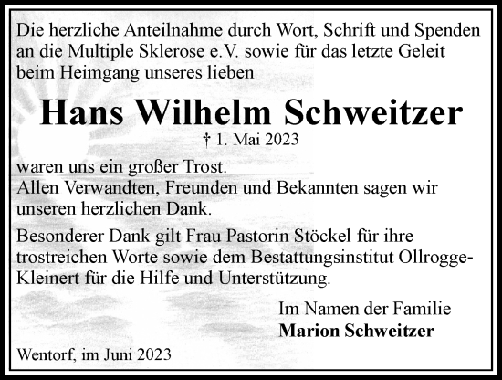 Traueranzeige von Hans Wilhelm Schweitzer von Bergedorfer Zeitung