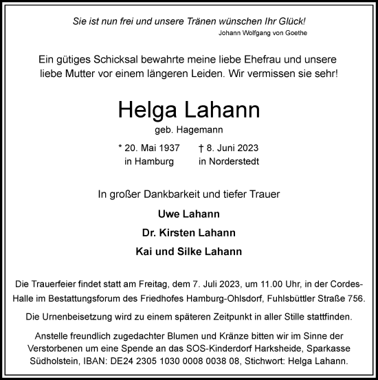 Traueranzeige von Helga Lahann von Hamburger Abendblatt