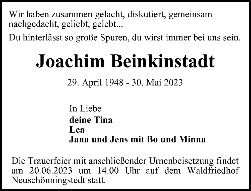  Traueranzeige für Joachim Beinkinstadt vom 17.06.2023 aus Hamburger Abendblatt