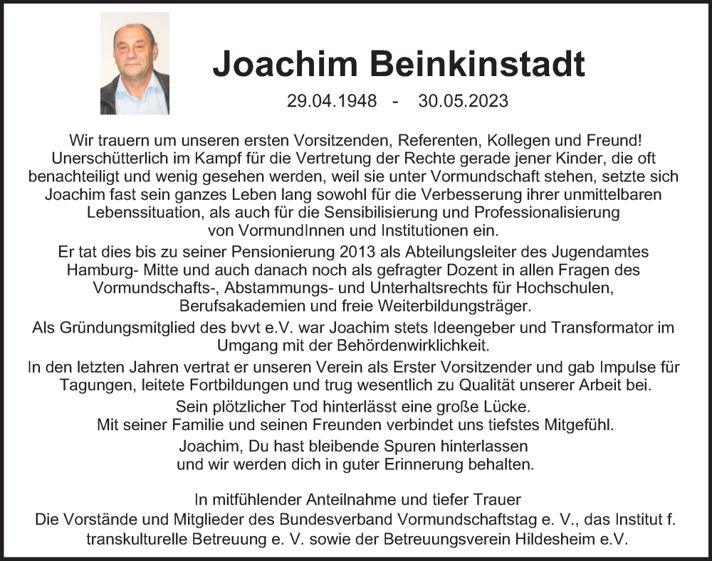  Traueranzeige für Joachim Beinkinstadt vom 17.06.2023 aus Hamburger Abendblatt