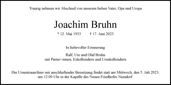 Traueranzeige von Joachim Bruhn 