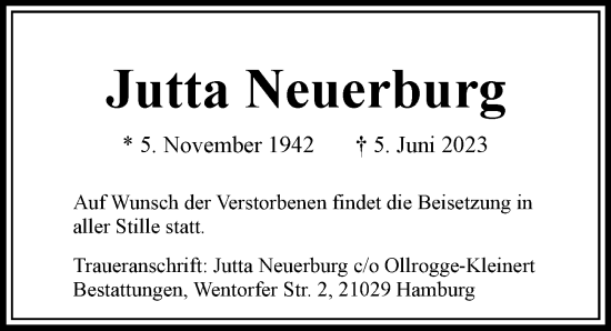 Traueranzeige von Jutta Neuerburg von Bergedorfer Zeitung