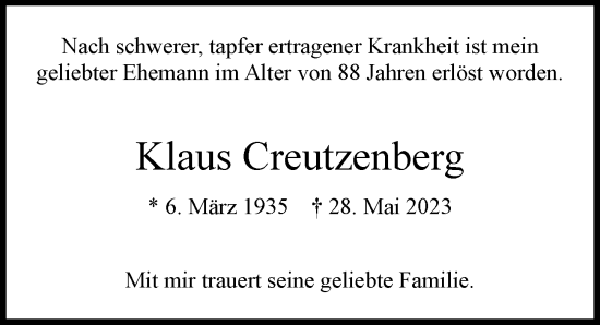 Traueranzeige von Klaus Creutzenberg von Hamburger Abendblatt