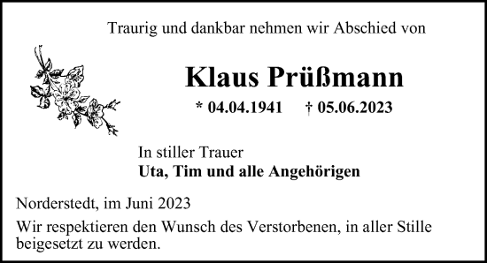 Traueranzeige von Klaus Prüßmann von Hamburger Abendblatt