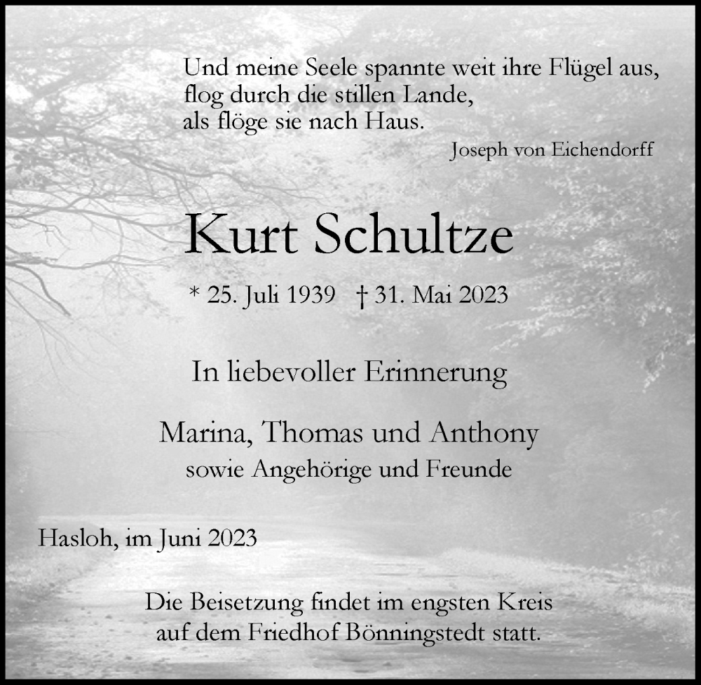 Traueranzeigen von Kurt Schultze | HamburgerTRAUER.de