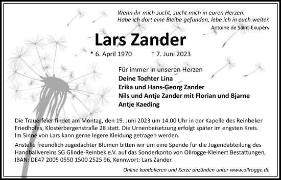 Traueranzeige von Lars Zander von Bergedorfer Zeitung