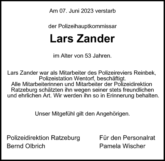 Traueranzeige von Lars Zander von Bergedorfer Zeitung