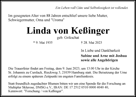 Traueranzeige von Linda von Keßinger von Bergedorfer Zeitung