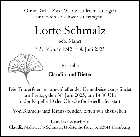 Traueranzeige von Lotte Schmalz von Hamburger Abendblatt