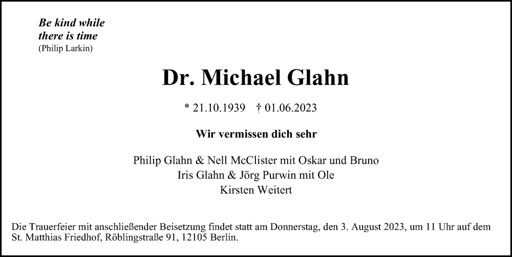  Traueranzeige für Michael Glahn vom 17.06.2023 aus Hamburger Abendblatt
