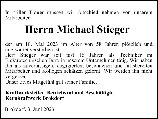 Traueranzeige von Michael Stieger von Hamburger Abendblatt