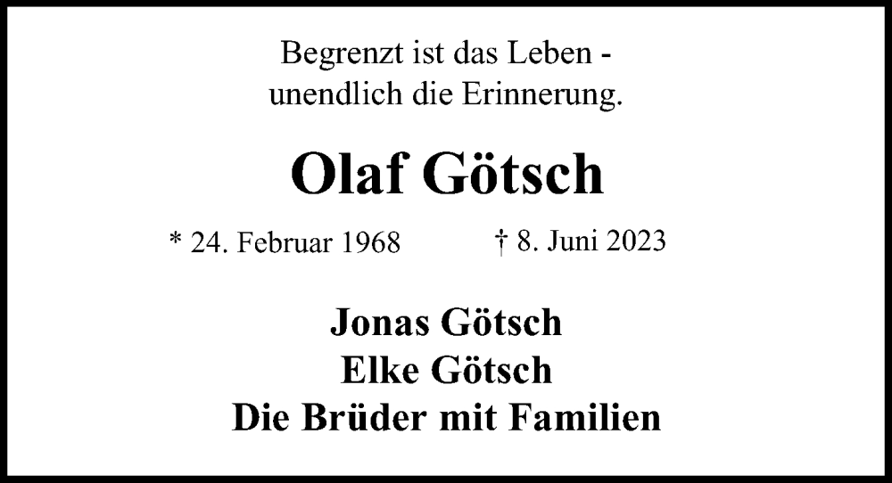  Traueranzeige für Olaf Götsch vom 24.06.2023 aus 