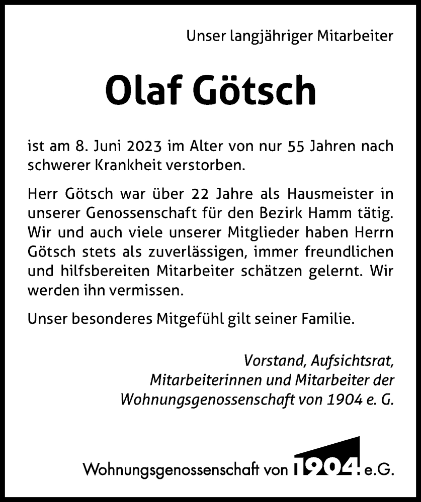  Traueranzeige für Olaf Götsch vom 17.06.2023 aus Hamburger Abendblatt