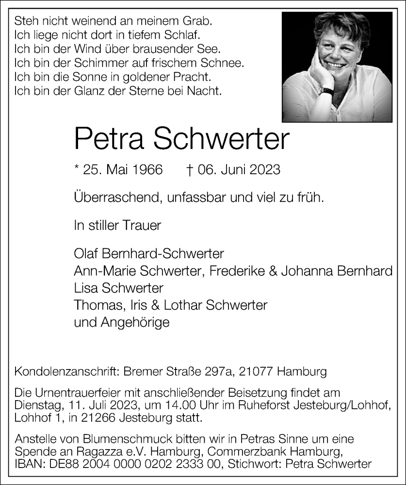  Traueranzeige für Petra Schwerter vom 01.07.2023 aus Hamburger Abendblatt