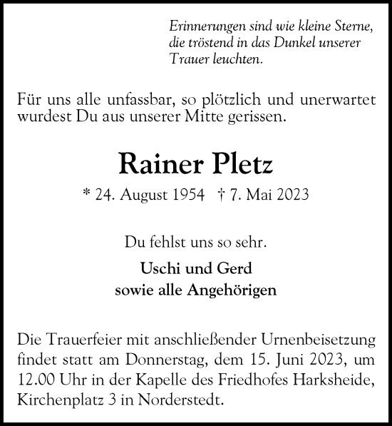 Traueranzeige von Rainer Pletz von Hamburger Abendblatt