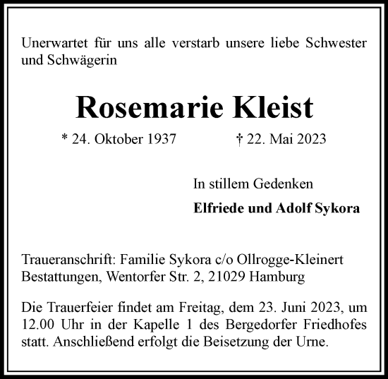 Traueranzeige von Rosemarie Kleist von Bergedorfer Zeitung