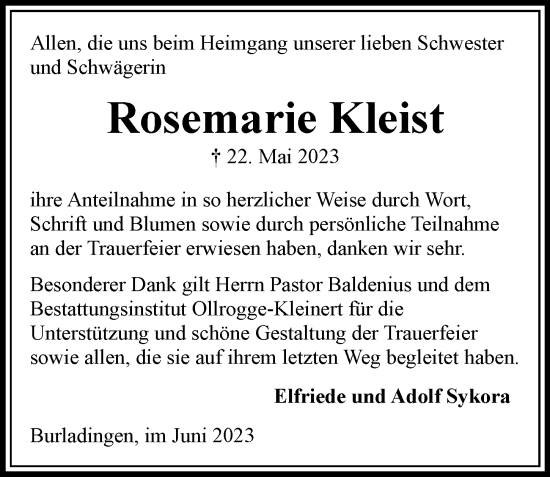 Traueranzeige von Rosemarie Kleist von Bergedorfer Zeitung