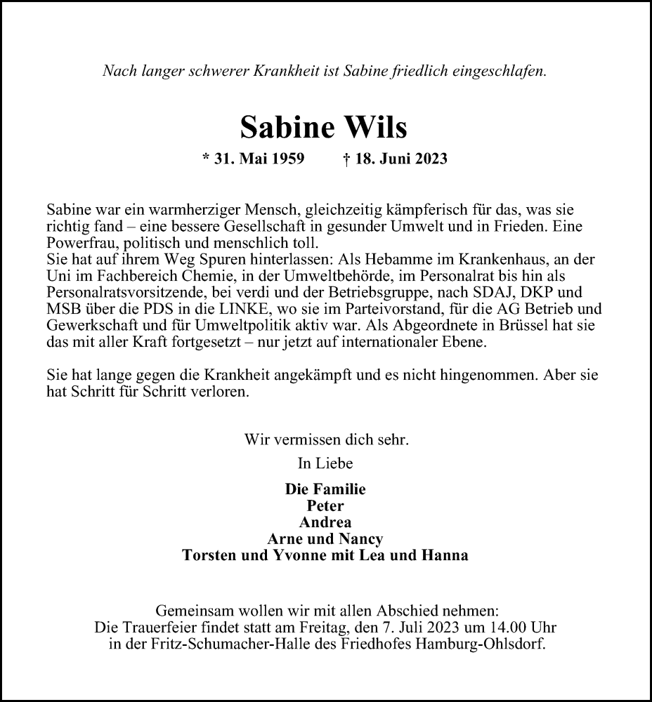  Traueranzeige für Sabine Wils vom 01.07.2023 aus Hamburger Abendblatt