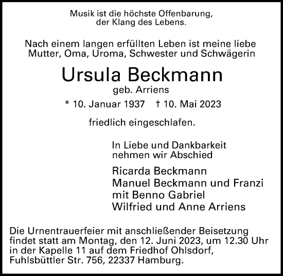 Traueranzeige von Ursula Beckmann von Hamburger Abendblatt