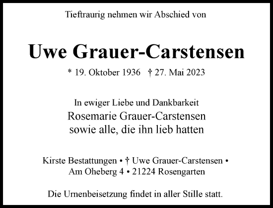 Traueranzeige von Uwe Grauer-Carstensen von Hamburger Abendblatt