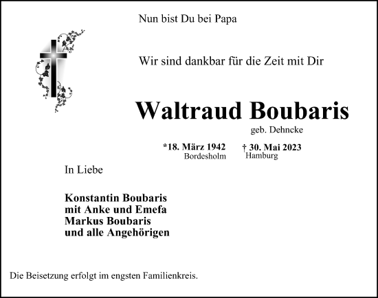 Traueranzeige von Waltraud Boubaris von Hamburger Abendblatt